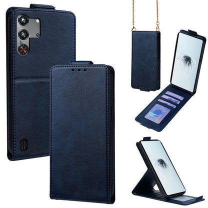 Blue vertical flip wallet phone case with crossbody chain and stand cover