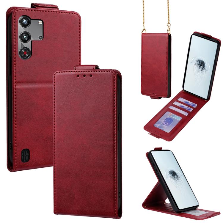 Red vertical flip wallet phone case with crossbody chain and card holder