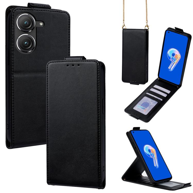 Black vertical flip wallet phone case with crossbody chain and card holder slots