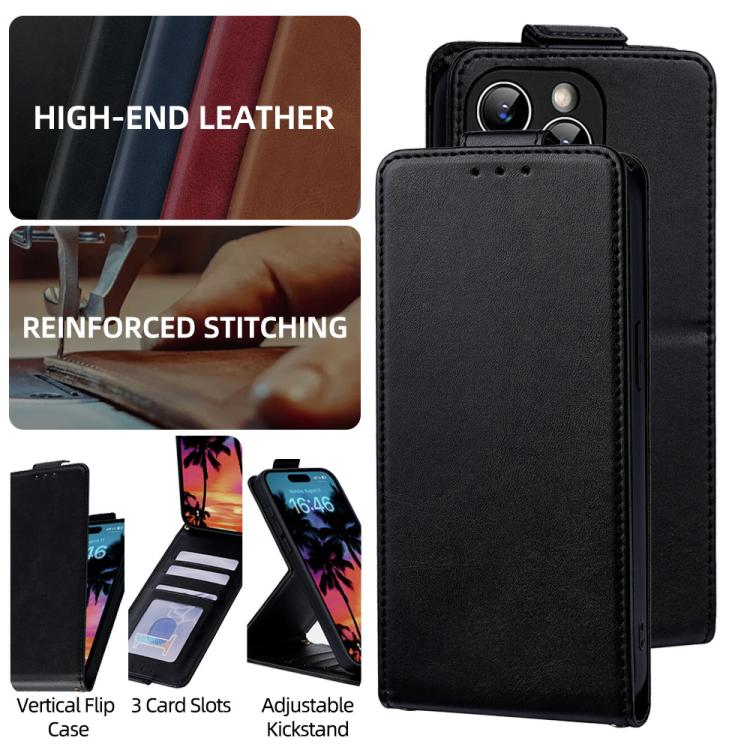 Black vegan leather vertical flip phone case with card slots and flip cover