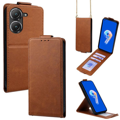 Brown vertical flip wallet phone case with crossbody chain and card holder slots