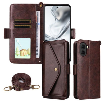 Brown leather phone wallet crossbody case with card slots, cash pocket, and strap