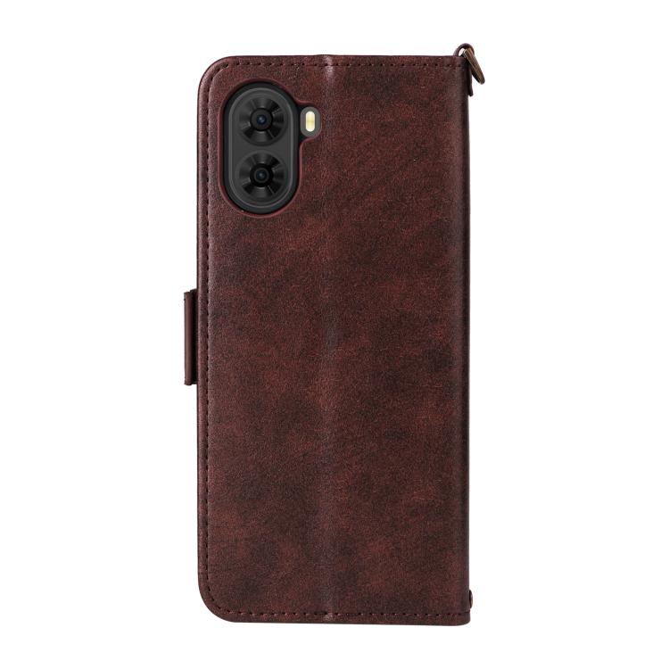 Brown leather phone wallet case with camera cutout and side card slot