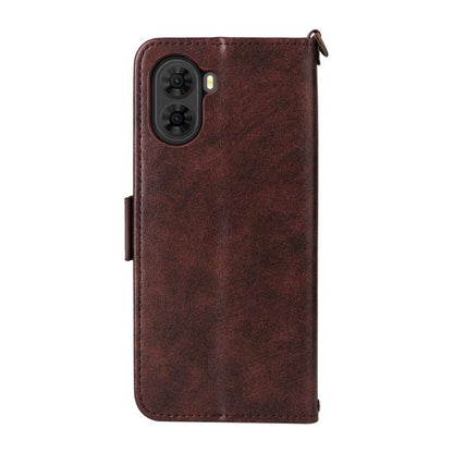 Brown leather phone wallet case with camera cutout and side card slot