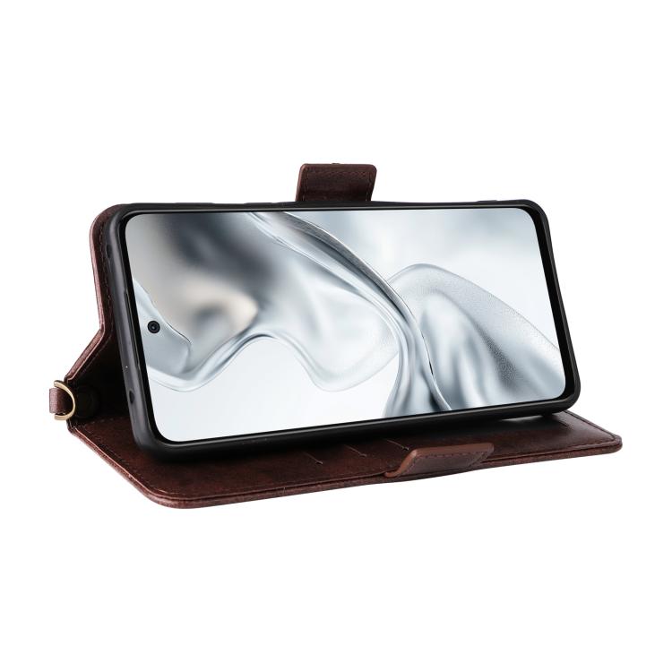 Brown leather phone wallet crossbody case holding a phone with front cover