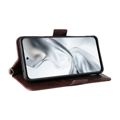 Brown leather phone wallet crossbody case holding a phone with front cover
