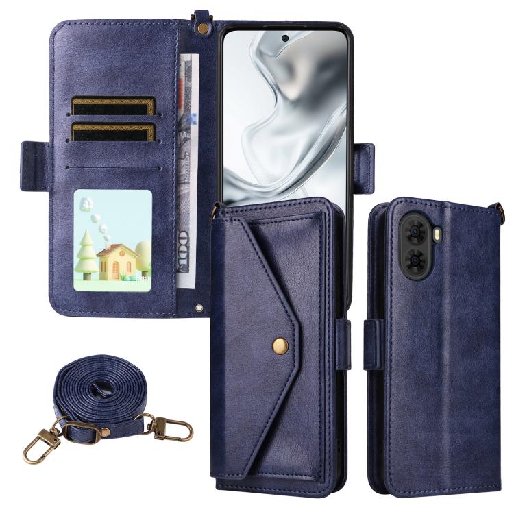 Blue leather phone wallet crossbody case with card slots, cash pocket, and strap