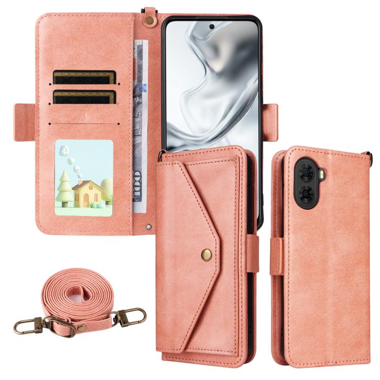 Pink cowhide leather crossbody phone wallet case with card slots and shoulder strap
