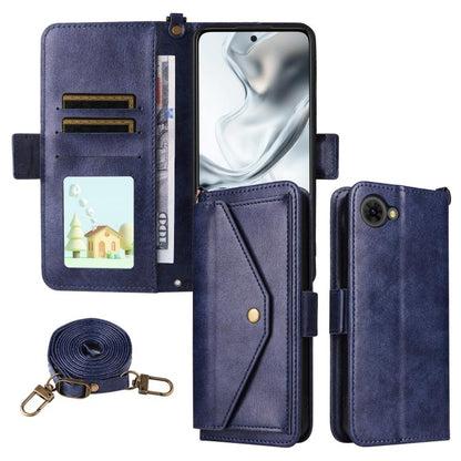 Blue cowhide leather crossbody phone wallet case with card slots and shoulder strap
