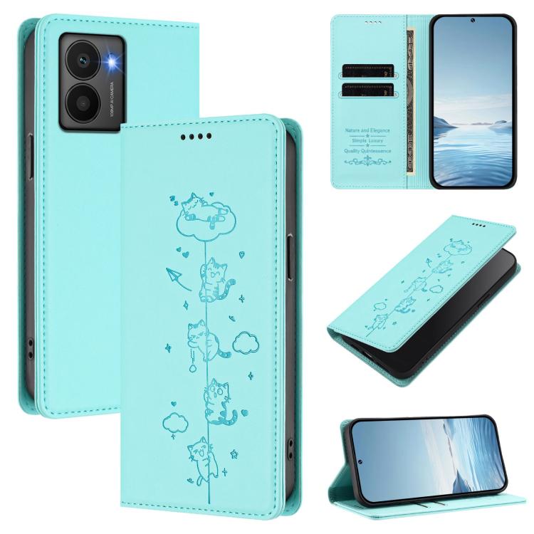 Mint green magnetic RFID vegan leather phone case with cat line-art and wallet cover