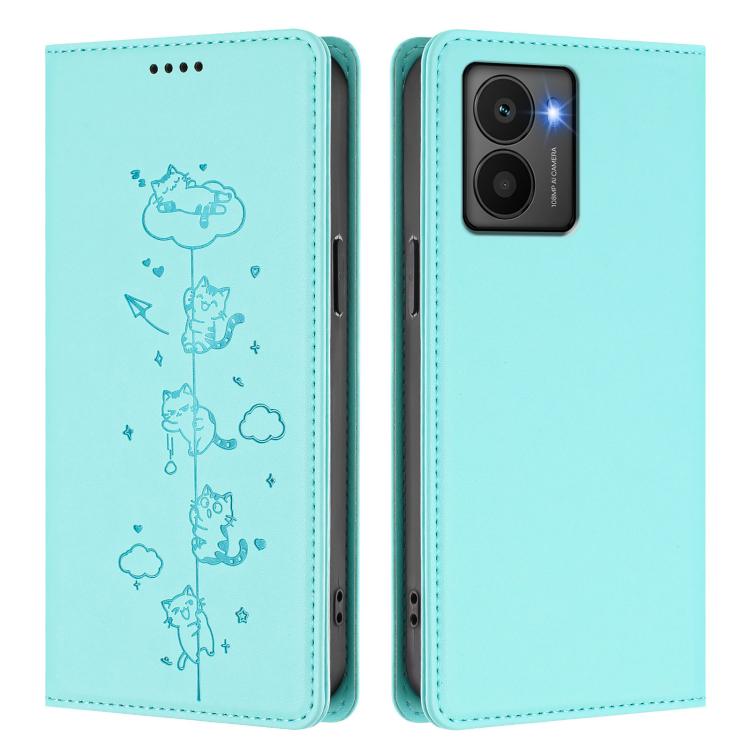 Mint green vegan leather phone case with cat line-art, front and back view