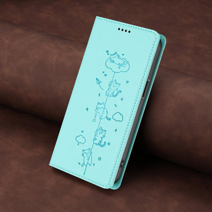 Mint green magnetic phone case with cat line-art on a flip wallet cover