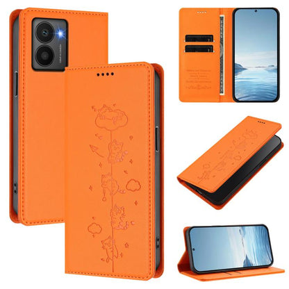 Orange magnetic RFID vegan leather phone case with cat line-art wallet cover