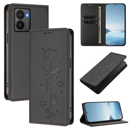 Dark gray magnetic RFID vegan leather phone case with cat line-art wallet cover