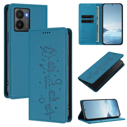 Teal wallet-style magnetic RFID phone case with embossed cat line art and card slots