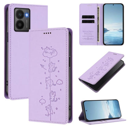Light purple wallet-style magnetic RFID phone case with embossed cat line art and card slots