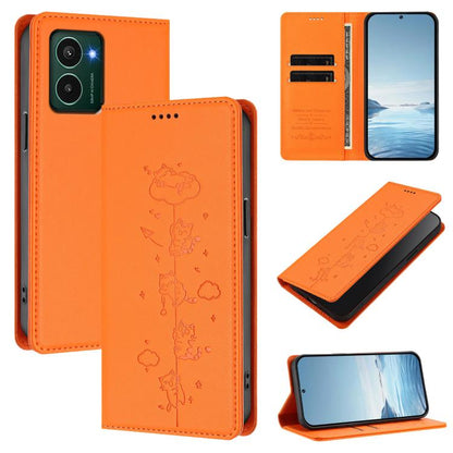 Orange cat-illustration magnetic RFID phone wallet case in vegan leather style.
