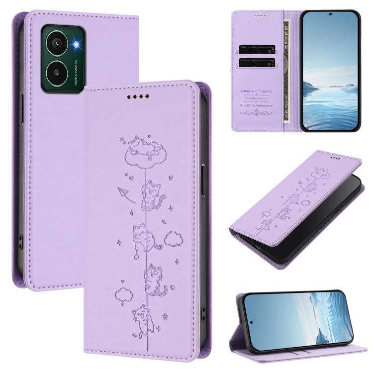 Light purple cat line-art magnetic wallet phone case with card slots and camera cutout