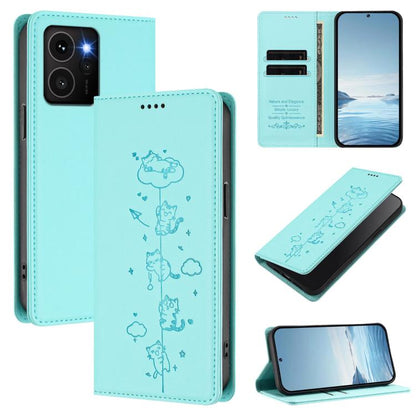 Aqua wallet-style magnetic RFID phone case with embossed cat line art and card slots