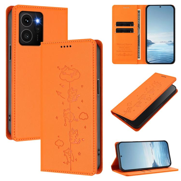 Orange wallet-style magnetic RFID phone case with embossed cat line art and card slots