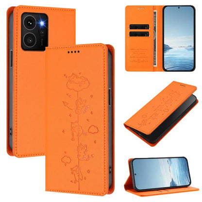 Orange wallet-style magnetic RFID phone case with embossed cat line art and card slots