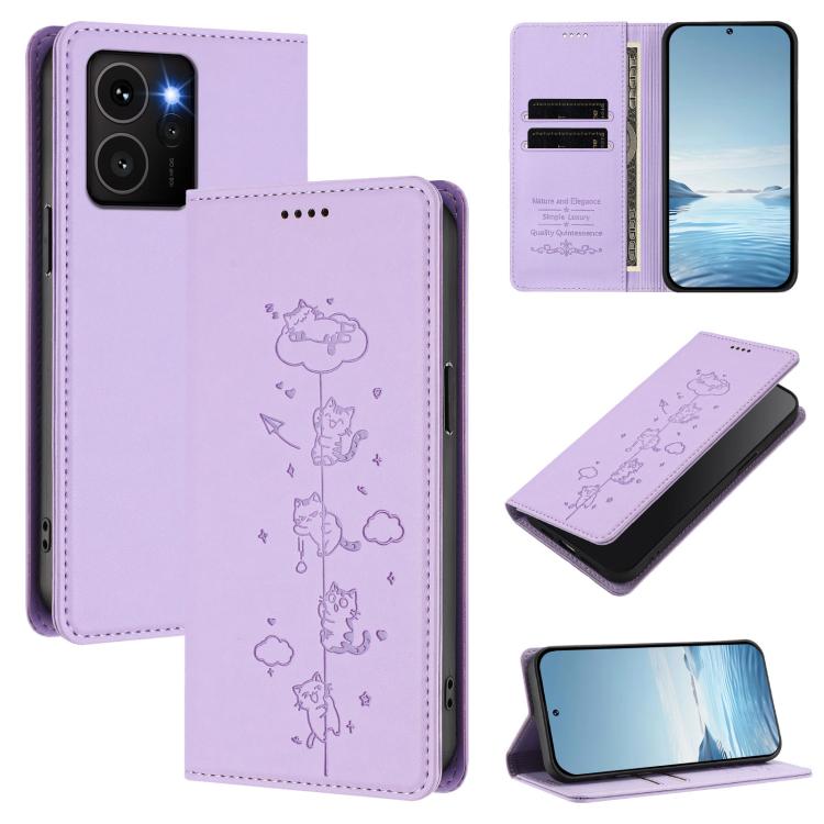 Light purple cat-illustration magnetic RFID phone wallet case in vegan leather style.