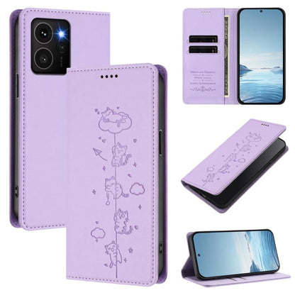 Light purple cat-illustration magnetic RFID phone wallet case in vegan leather style.