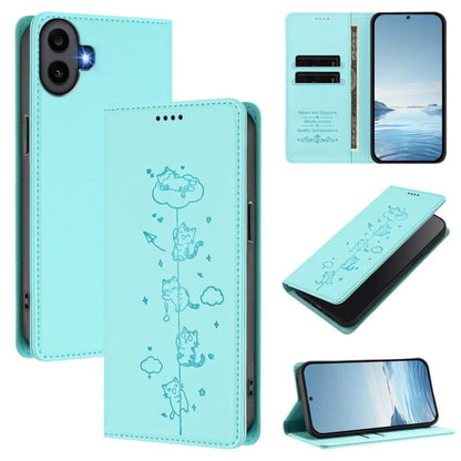 Mint green vegan leather phone case with cat line-art design and folio closure