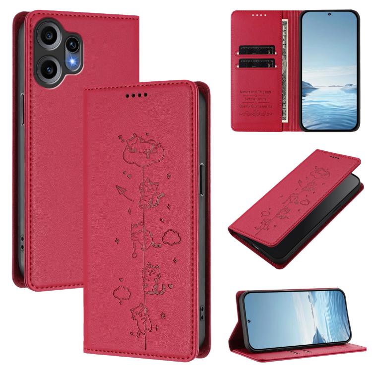 Red cute cats embossed magnetic wallet phone case with RFID vegan leather and card slot