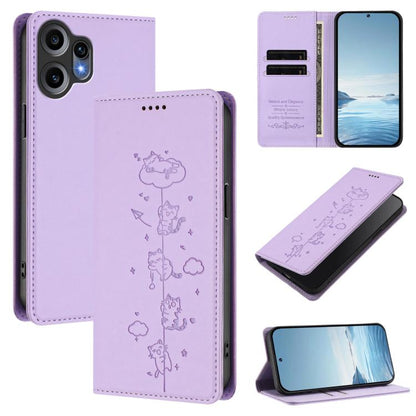 Light purple magnetic wallet phone case with embossed cat line art and card slots