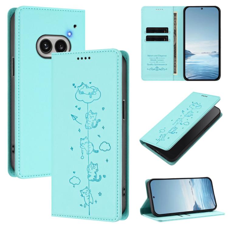 Aqua vegan leather phone case with embossed cat line-art, magnetic wallet flap.
