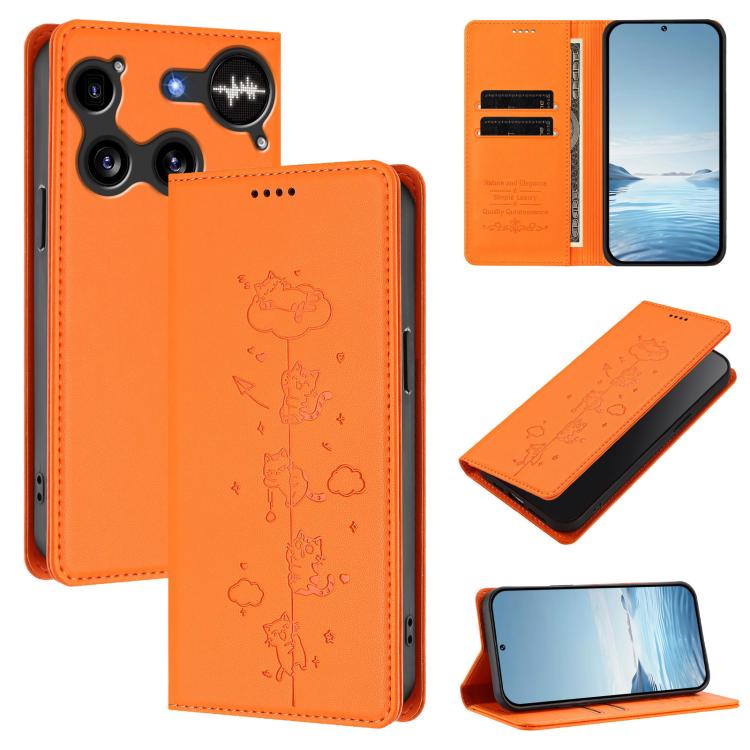 Magnetic RFID vegan leather phone case with cute cat embossed design, orange.