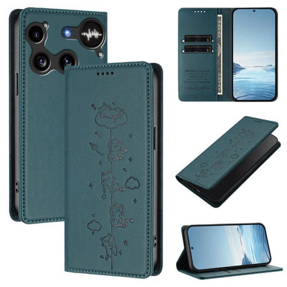Teal cute cats embossed magnetic wallet phone case with RFID vegan leather and card slot