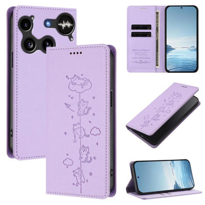 Light purple cute cats embossed magnetic wallet phone case with RFID vegan leather and card slot