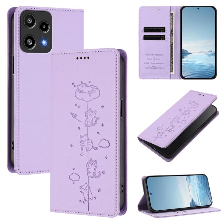 Magnetic RFID vegan leather phone case with cute cat embossed design, light purple.