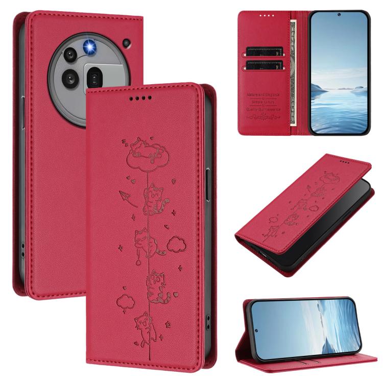 Magnetic vegan leather phone case in red with cat line-art design and card slots