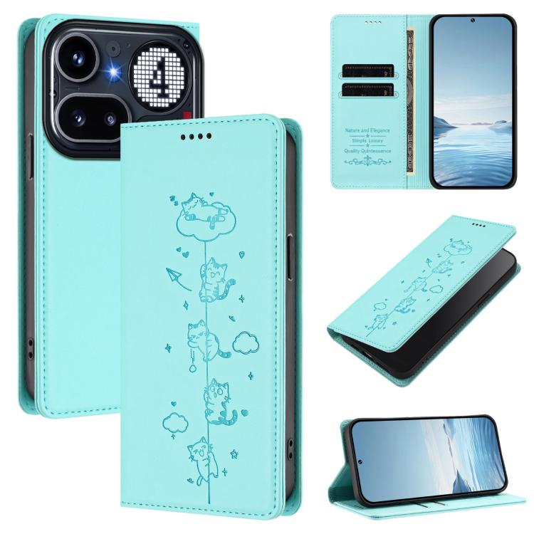 Mint green cat line-art magnetic wallet phone case, front flap with stitched edges