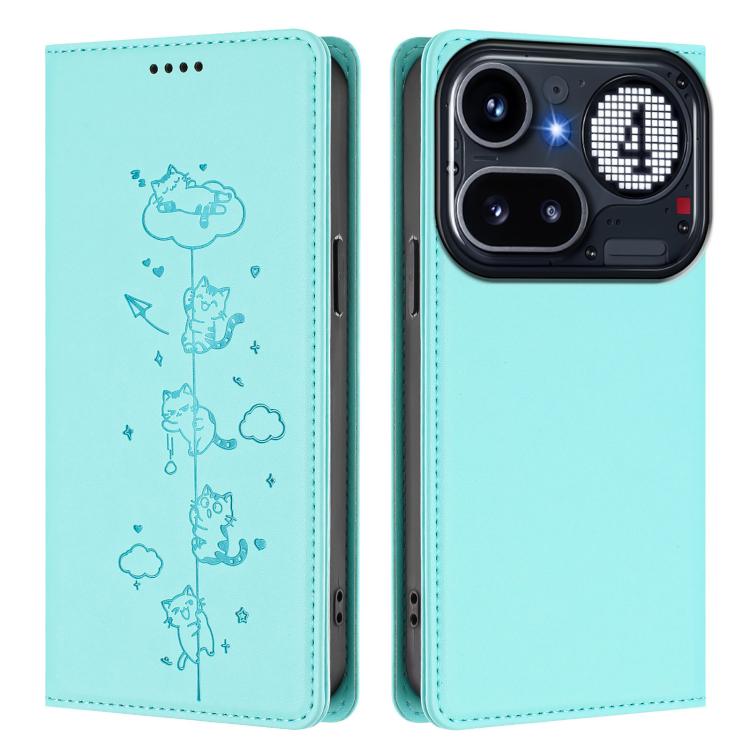 Mint green cat line-art folio phone case with magnetic flap and open view showing cutouts