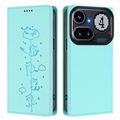 Mint green cat line-art folio phone case with magnetic flap and open view showing cutouts