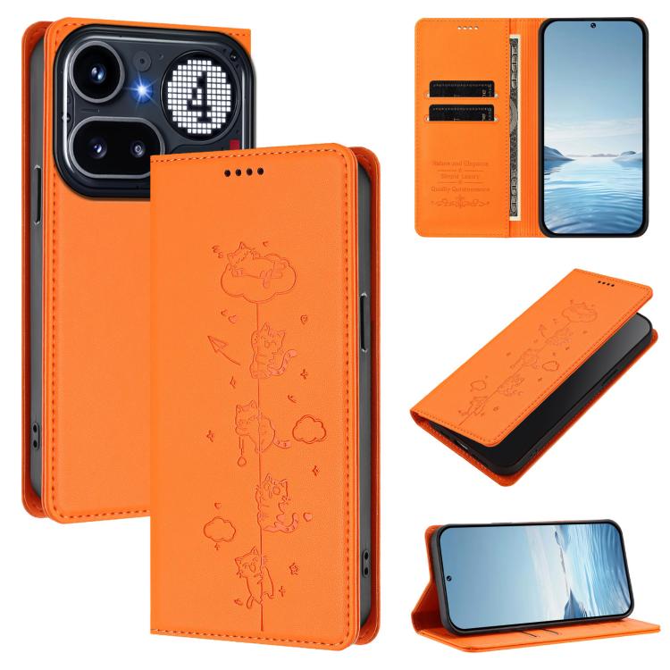 Orange cat line-art magnetic wallet phone case with stitched edges and card holder design