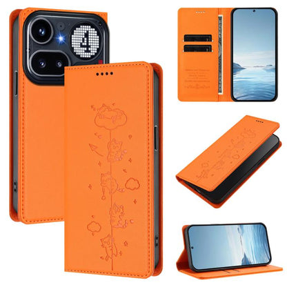 Orange cat line-art magnetic wallet phone case with stitched edges and card holder design