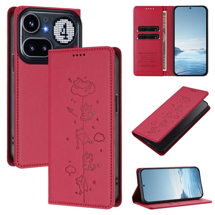 Red cat line-art magnetic wallet phone case with stitched edges and front flap