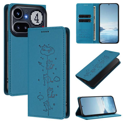 Mint blue vegan leather phone case with magnetic flap, embossed cute cat line art.