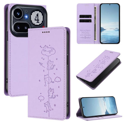 Light purple vegan leather phone case with magnetic flap and cute cat line design.
