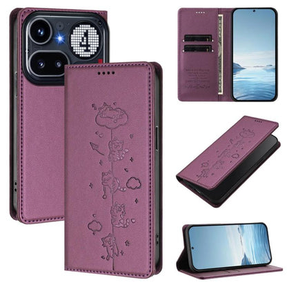 Violet purple vegan leather phone case with magnetic flap and embossed cute cat pattern.