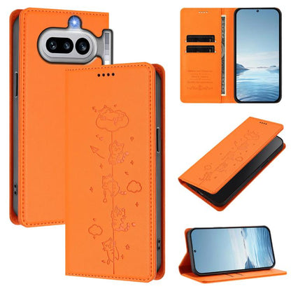 Orange vegan leather phone case with magnetic flap and cute cat line artwork.