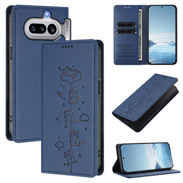 Navy blue faux leather phone folio case with cute cats line art and card slots