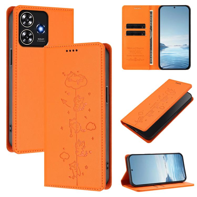 Cute Cats Embossed Magnetic RFID Vegan Leather Phone Case, For ZTE Blade A73 5G, For ZTE Blade A73 4G, For ZTE Blade V50 Vita, For ZTE Blade A53 / A53+, For ZTE Blade A53 Pro