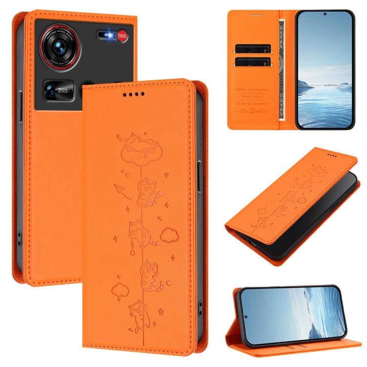 Cute Cats Embossed Magnetic RFID Vegan Leather Phone Case, For ZTE nubia Z70 Ultra, For ZTE Blade V70, For ZTE nubia Red Magic 10 Pro, For ZTE Blade V60 Vita / V60 Design, For ZTE Blade A75 5G / nubia Focus 5G, For ZTE Blade A75 4G                     ...