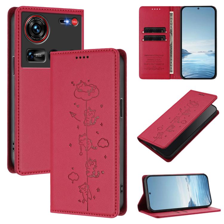 Cute Cats Embossed Magnetic RFID Vegan Leather Phone Case, For ZTE nubia Z70 Ultra, For ZTE Blade V70, For ZTE nubia Red Magic 10 Pro, For ZTE Blade V60 Vita / V60 Design, For ZTE Blade A75 5G / nubia Focus 5G, For ZTE Blade A75 4G                     ...